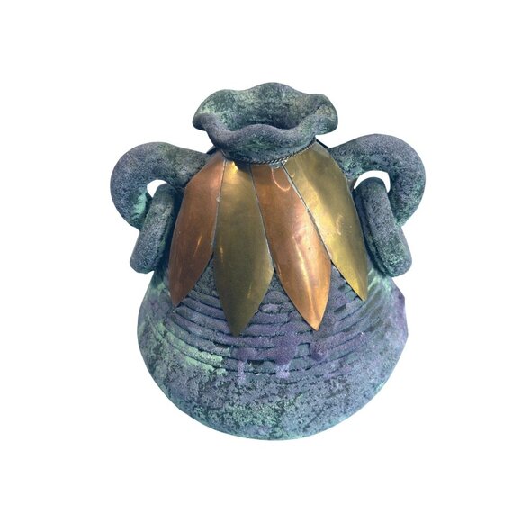 Handcrafted Southwestern Sand Pottery Vase With Copper Accents 5" Tall 7" Wide - Picture 2 of 7